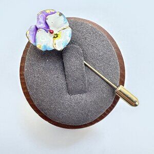 VTG Gold Tone Purple Blue & White Enamel Flower Stick Pin Size 2" Length